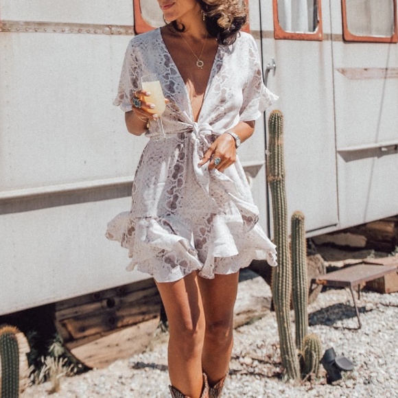 Boho Plunging Front Tie Snakeskin Ruffle Dress - Picture 3 of 7